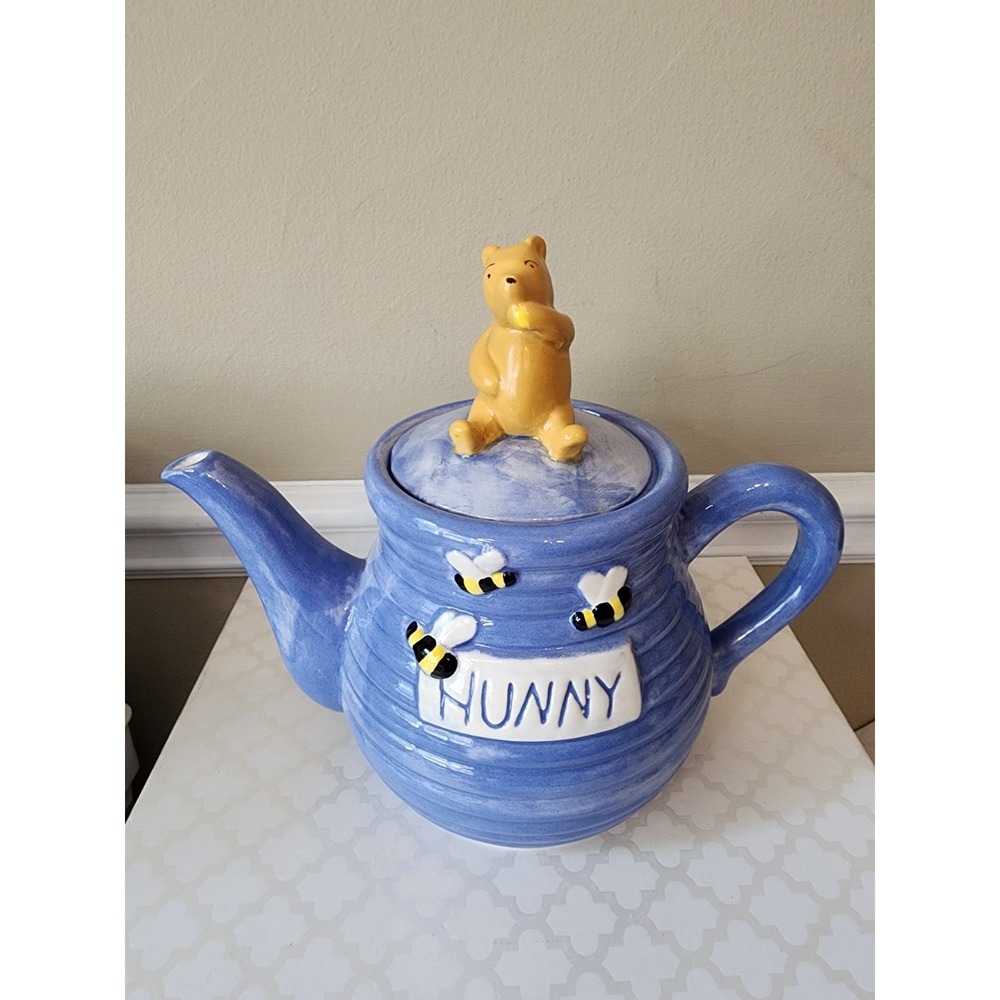 NOB Vintage Disney Treasure Craft Winnie The Pooh Blue Hunny Pot Teapot Ceramic